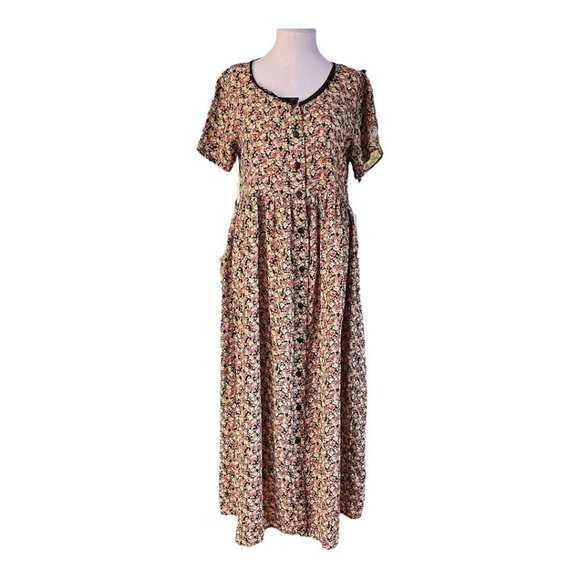 90s Vintage Dresses & Skirts - 90s Vintage Grunge Dark Ditzy Floral Babydoll Button Front Maxi Dress Size S / M